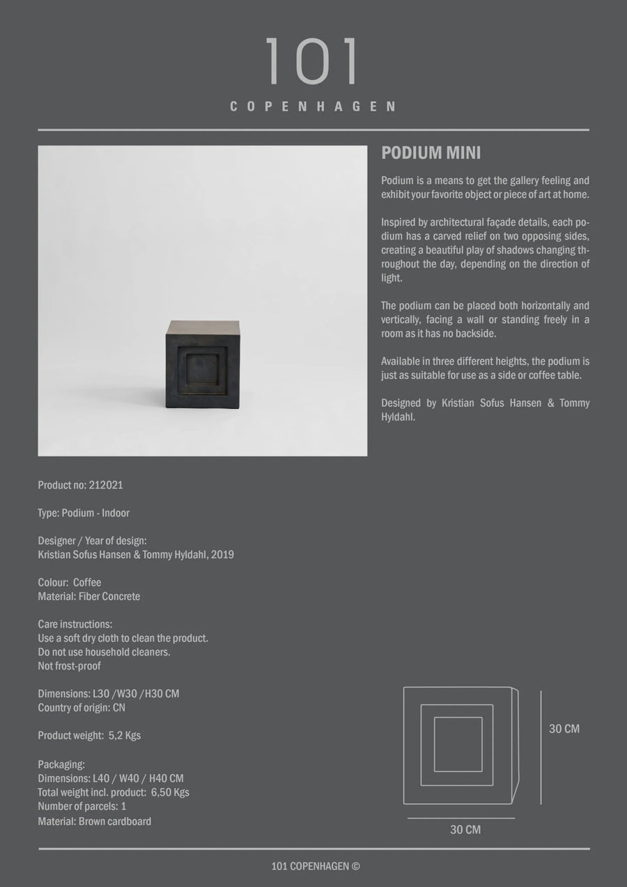 Product description card for 'Podium Mini' by 101 Copenhagen with product image and specifications.