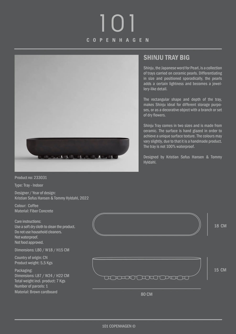 Product information card for a Shinju Tray Big by 101 Copenhagen on a gray background.