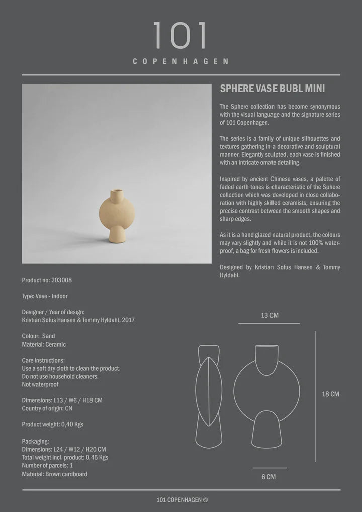 This sand-finished vase features the number 101 and is from the Scandinavian brand, 101Cph Sphere Bubl Mini Sand 203008 by 101 Copenhagen.