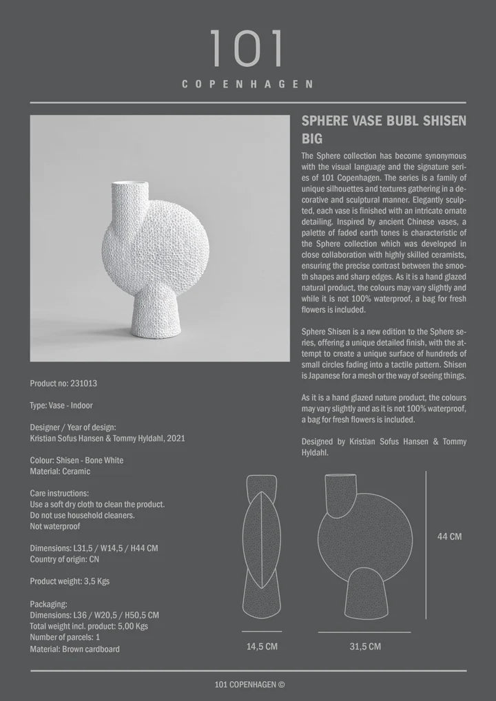 A decorative 101Cph Sphere Bubl Shisen Big B White 231013 vase showcased in a sculptural manner against a white background. (Brand Name: 101 Copenhagen)