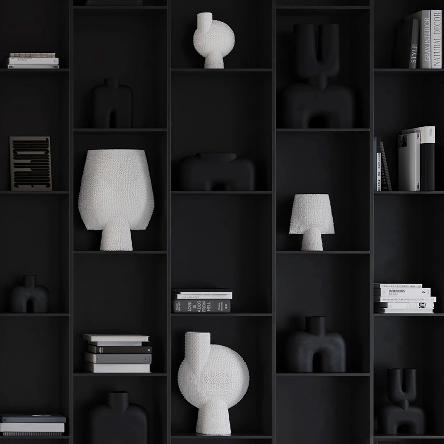 A unique 101Cph Sphere Square Shisen Big Bone White 231011 shelf with a decorative and sculptural sphere collection, showcasing both white and black objects. The shelf boasts a distinctive and detailed finish that truly sets it apart.