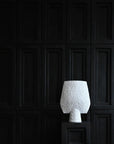 A 101Cph Sphere Square Shisen Big Bone White 231011 lamp from 101 Copenhagen with a unique detailed finish sits on top of a black wall.