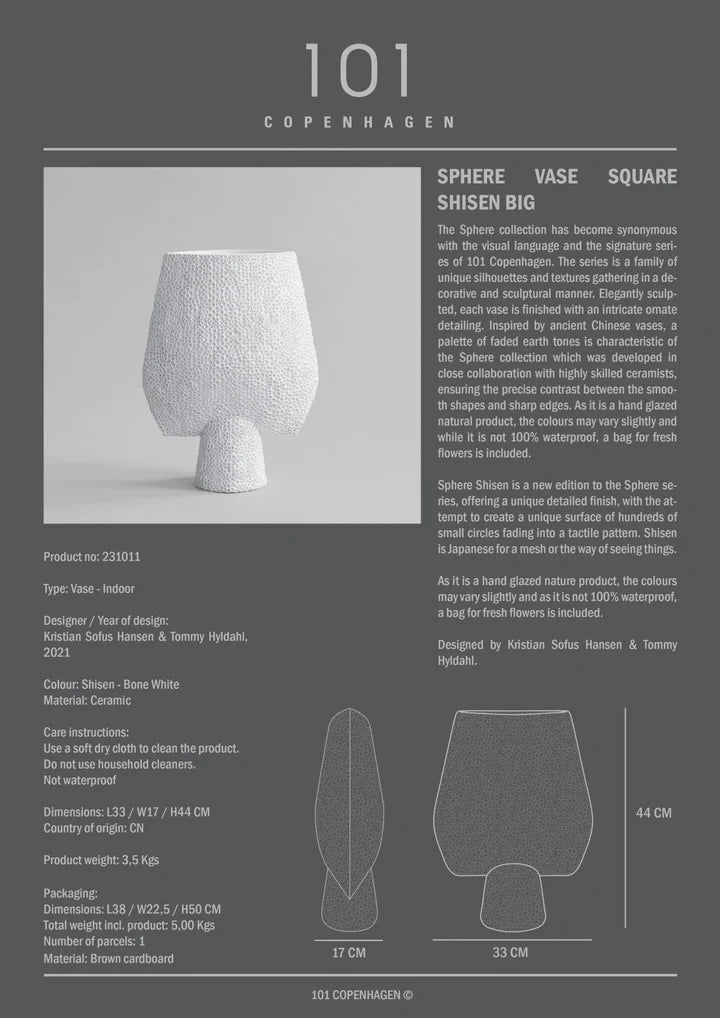 A poster displaying a unique and sculptural 101Cph Sphere Square Shisen Big Bone White 231011 vase with a detailed finish. (Brand: 101 Copenhagen)