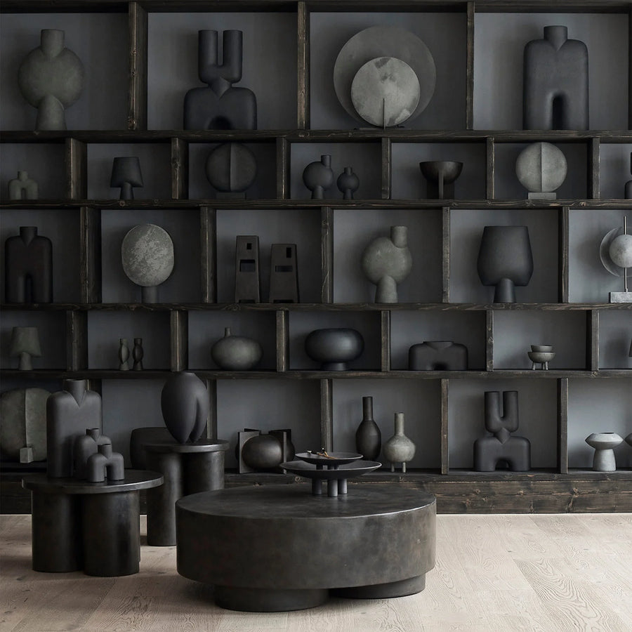 Dark gray abstract sculptures on shelves in a minimalistic room.