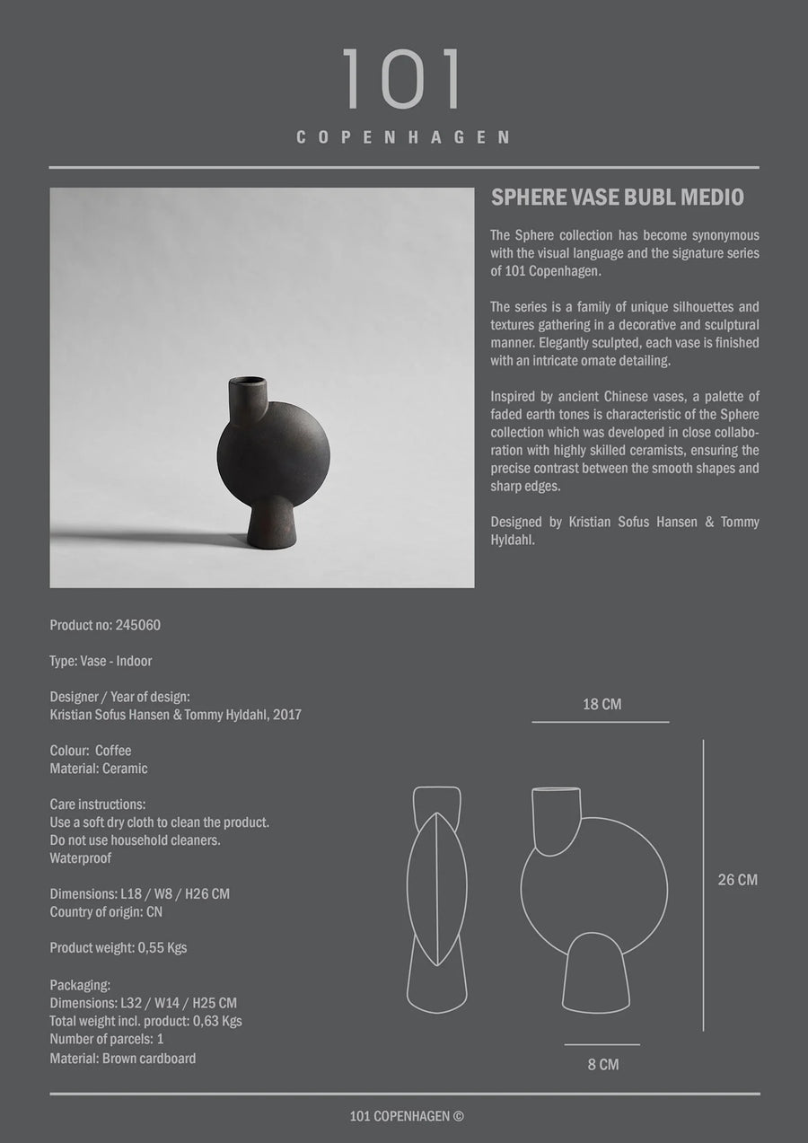 Product information card for a Sphere Vase Bubl Medio by 101 Copenhagen on a gray background.