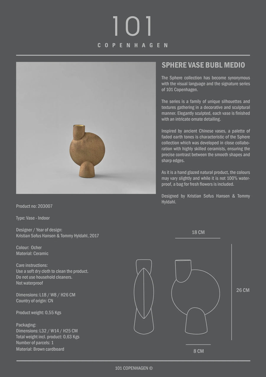 Ceramic vase with product information on a gray background