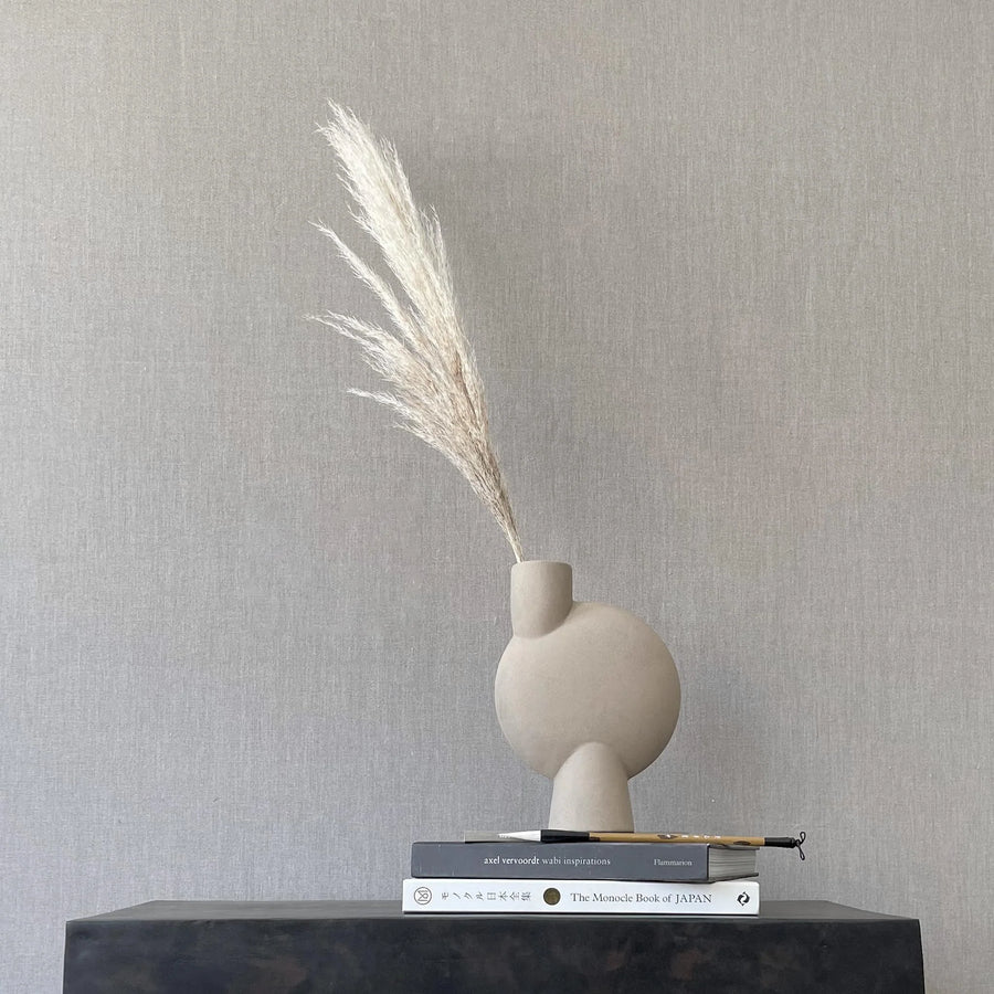 Cylindrical vase with dried pampas grass on a stack of books against a gray textured wall from 101 Copenhagen at Spacio retail stores in Mumbai & Kolkata. 