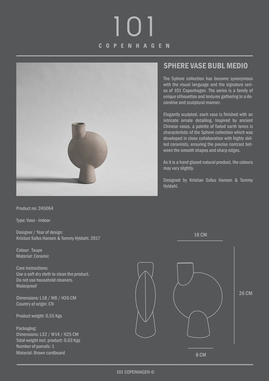 Product information card for a Sphere Vase Bubl Medio by 101 Copenhagen on a gray background.
