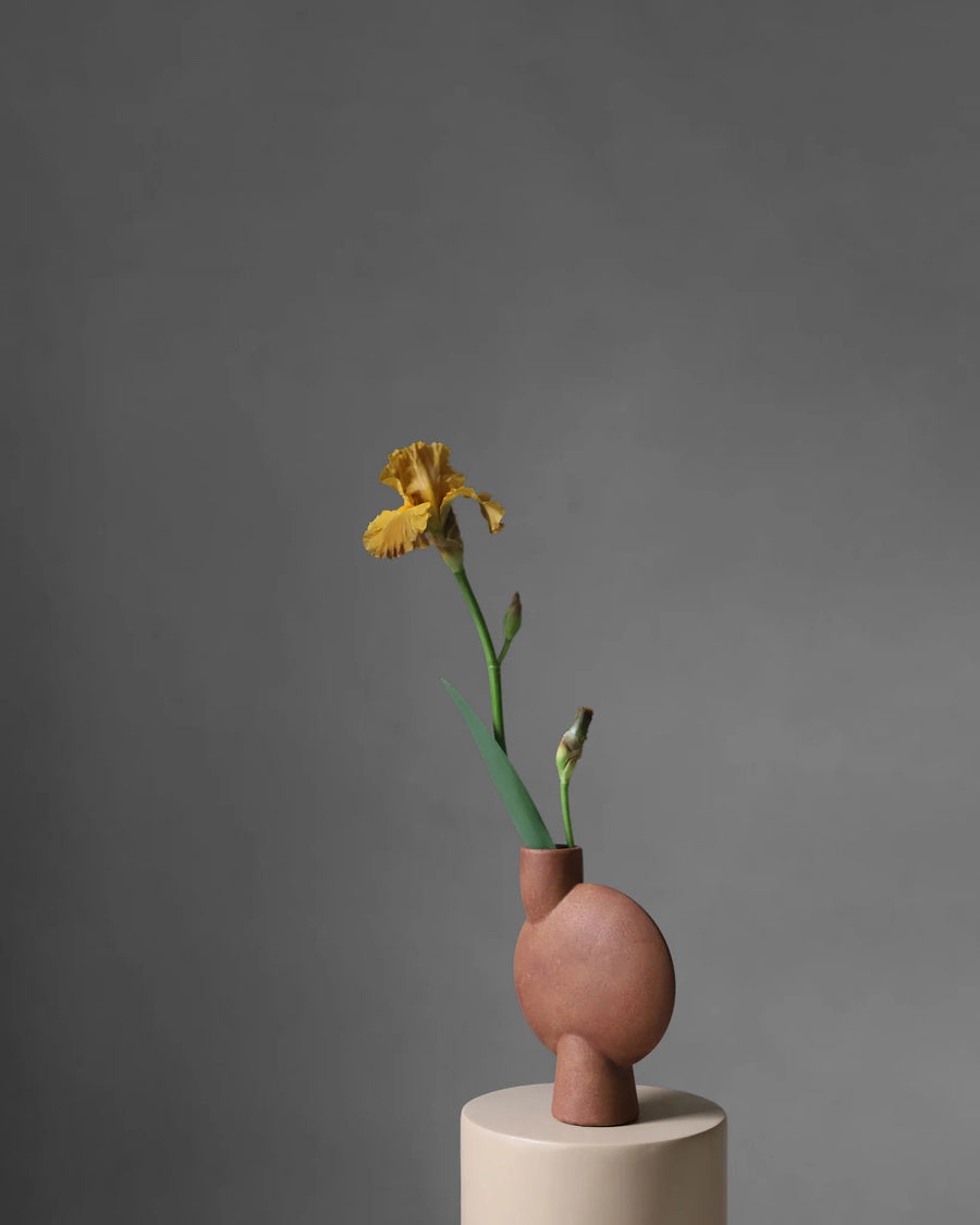 A sculptural vase with a single yellow flower on a gray background from 101 Copenhagen at Spacio retail stores in Mumbai & Kolkata. 