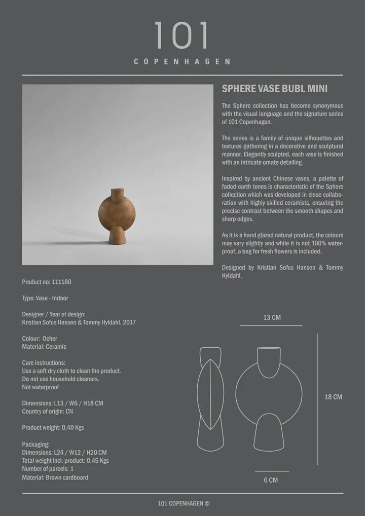 A stunning 101Cph Sphere Vase Bubl Mini Ocher 111180 with a stylish design, showcasing the craftsmanship of the Scandinavian brand. Its ochre finish adds an elegant touch to any space.