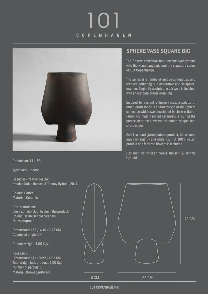 101 Copenhagen presents an exquisite drawing of a 101Cph Sphere Vase Square Big Coffee 111183 from their Sphere collection, showcasing a captivating design on it.