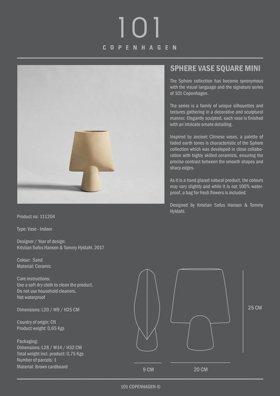 Product information card for a 'Sphere Vase Square Mini' by 101 Copenhagen with a lamp image and specifications.