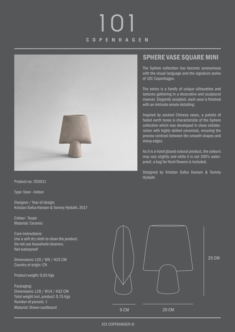 Product description card for a 'Sphere Vase Square Mini' by 101 Copenhagen with product details and dimensions.