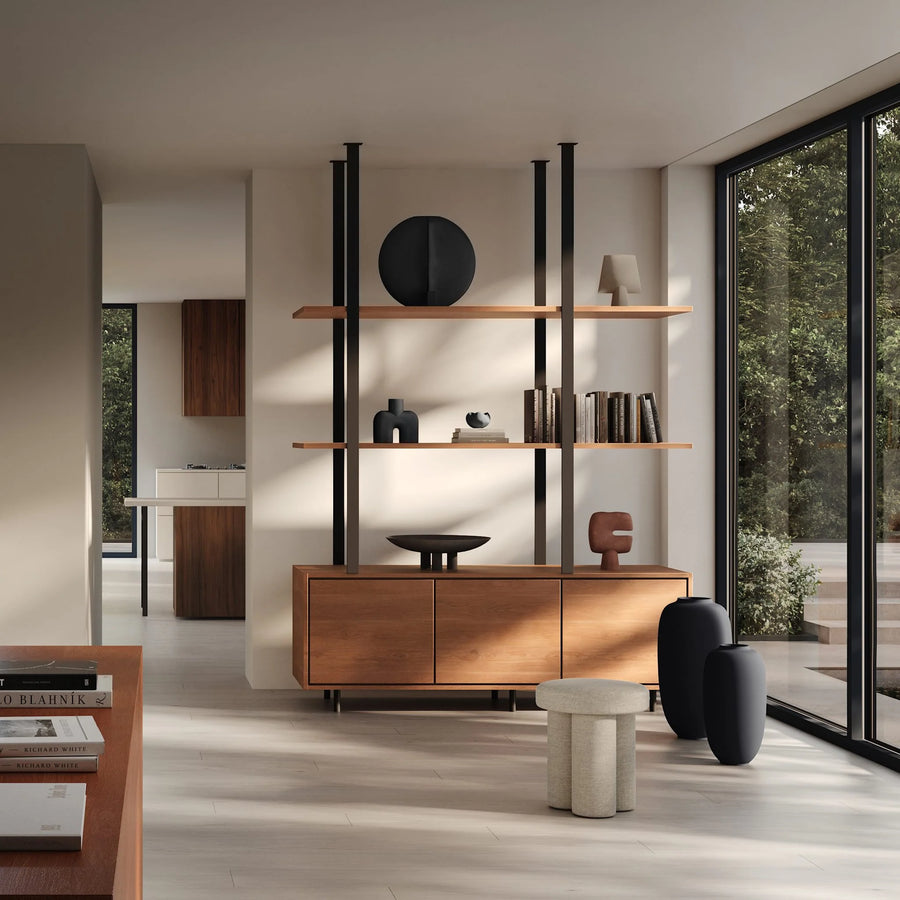 Modern living room with wooden shelf and sideboard