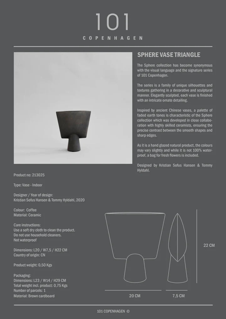 Detail description of a triangle vase in coffee colour from 101 Copenhagen. Available at Spacio India