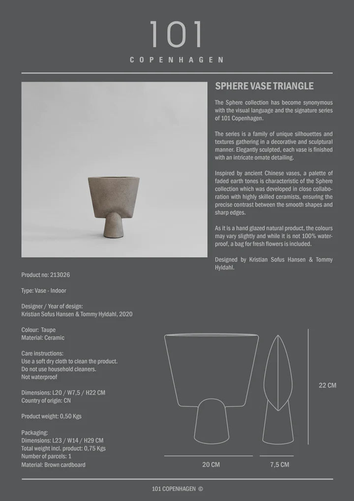 Detail description of a triangle vase in taupe colour from 101 Copenhagen. Available at Spacio India