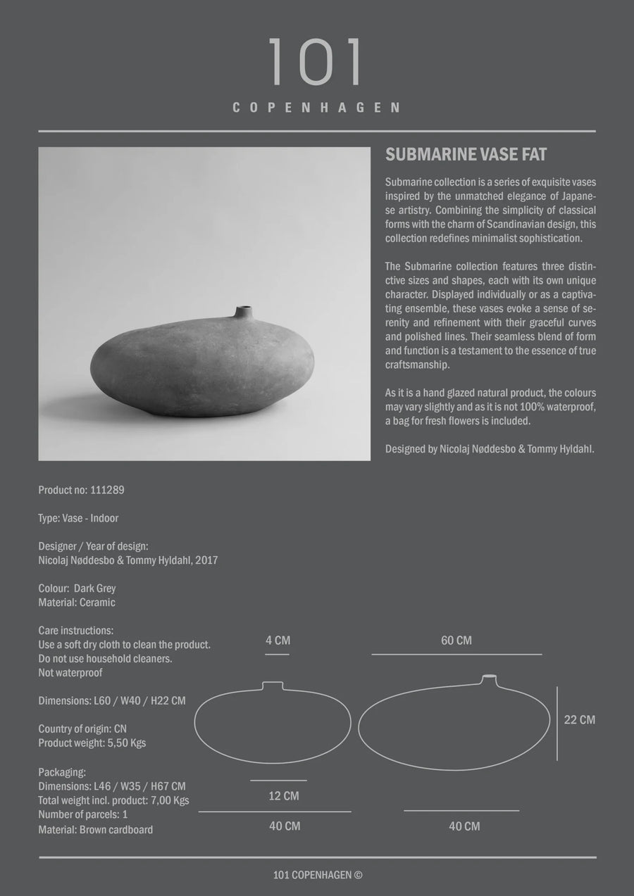 Product information card for a submarine vase fat with dimensions and design details.