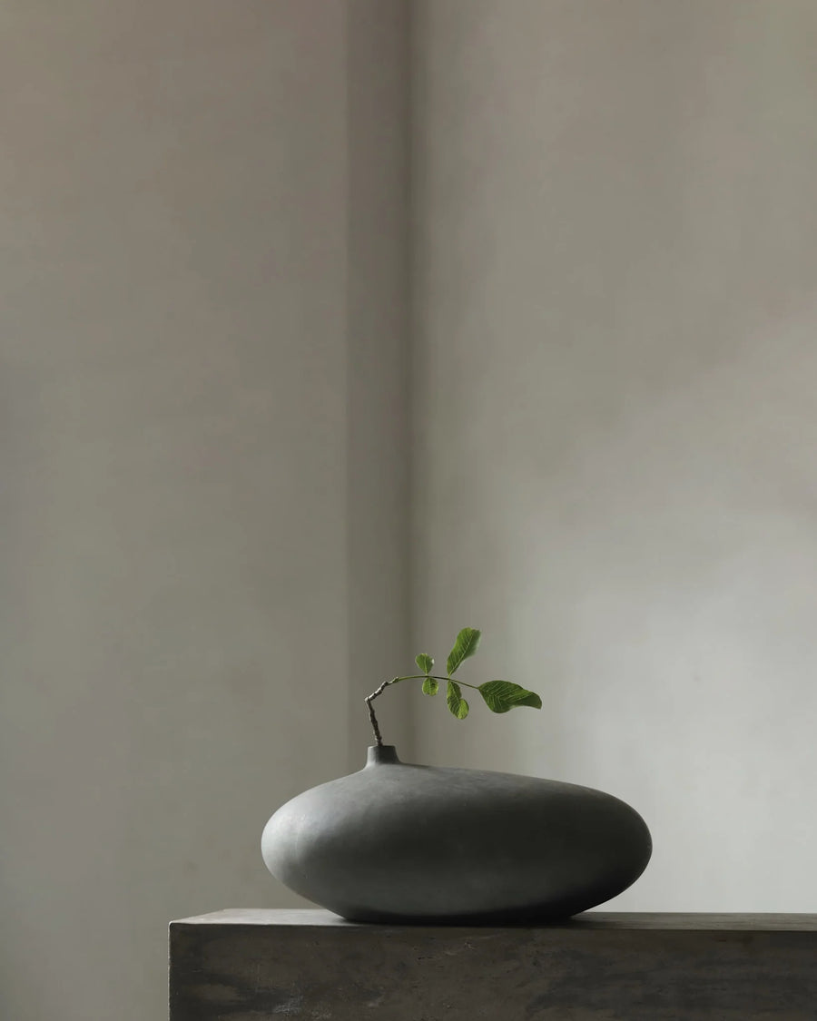 Dark gray vase with a small plant on a neutral background from 101 Copenhagen at Spacio retail stores in Mumbai & Kolkata. 
