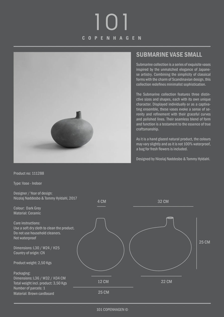 Product information card for a submarine vase small from 101 Copenhagen, featuring a gray vase on a white background.