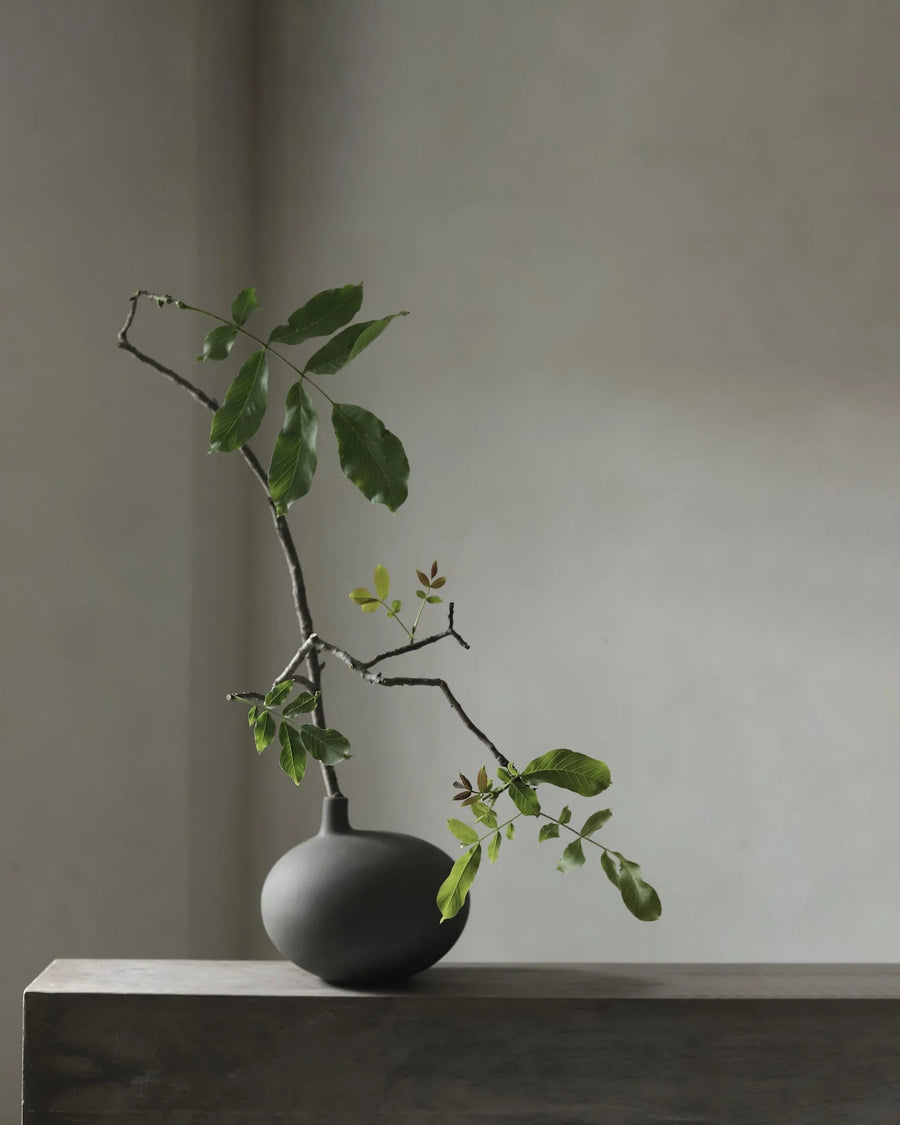 Dark gray vase with a branch and leaves on a neutral background from 101 Copenhagen at Spacio retail stores in Mumbai & Kolkata. 