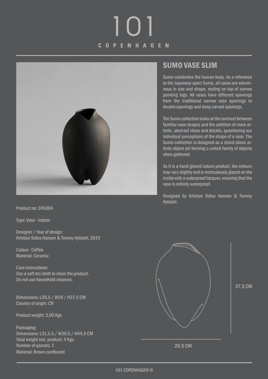 Ceramic vase with product details on a gray background