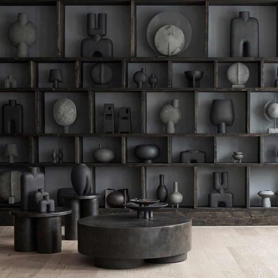 Dark gray abstract sculptures on shelves in a room with a large dark gray sculpture on the floor  from 101 Copenhagen at Spacio retail stores in Mumbai & Kolkata. 