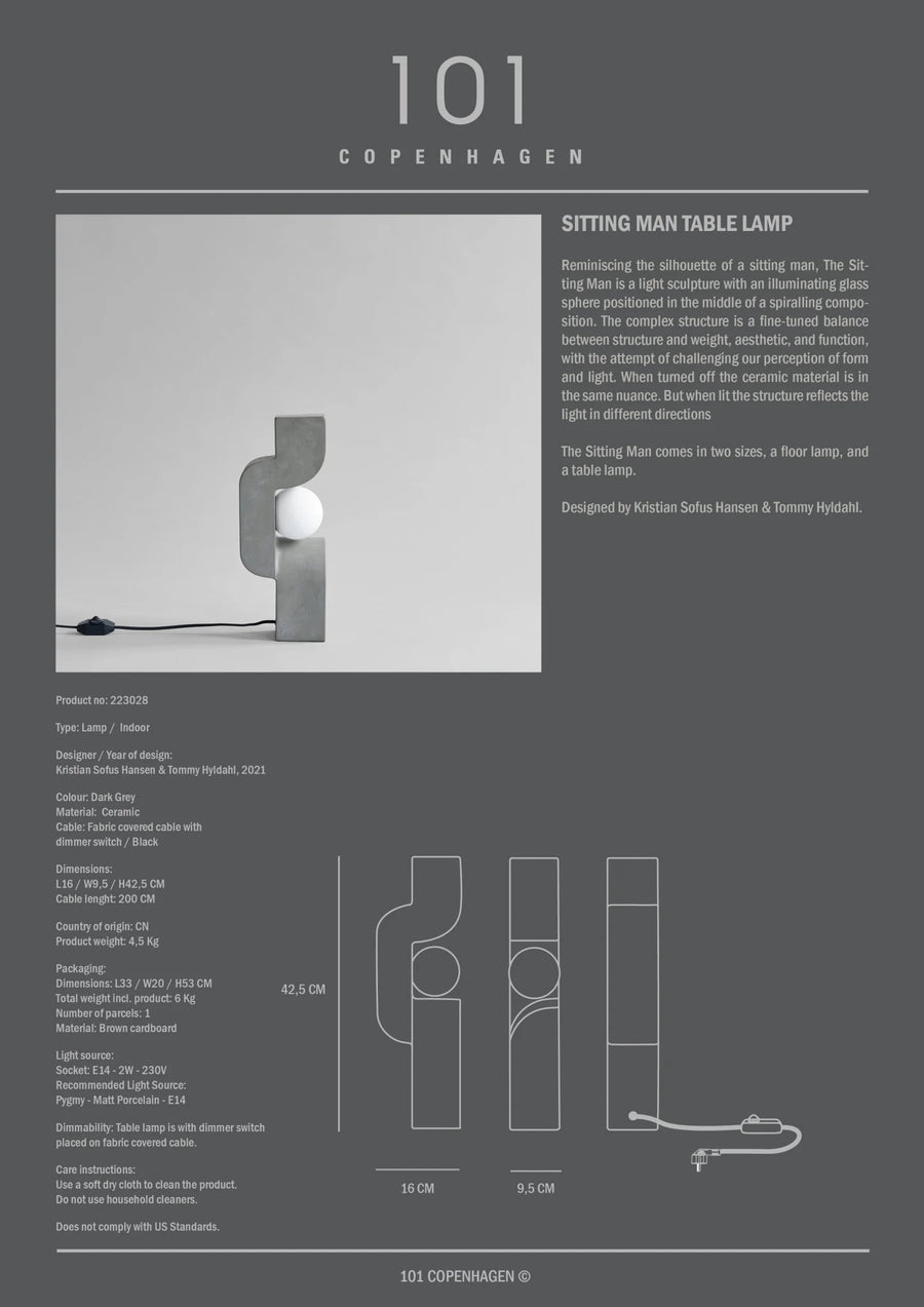 Product information sheet for a sitting man table lamp by 101 Copenhagen on a gray background.