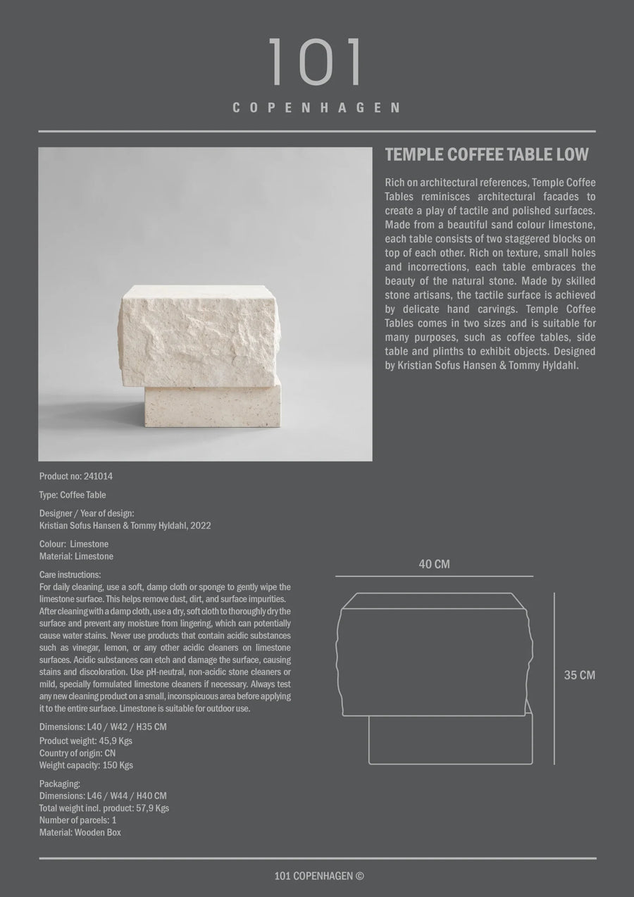 Temple Coffee Table Low by 101 Copenhagen with product details on a gray background