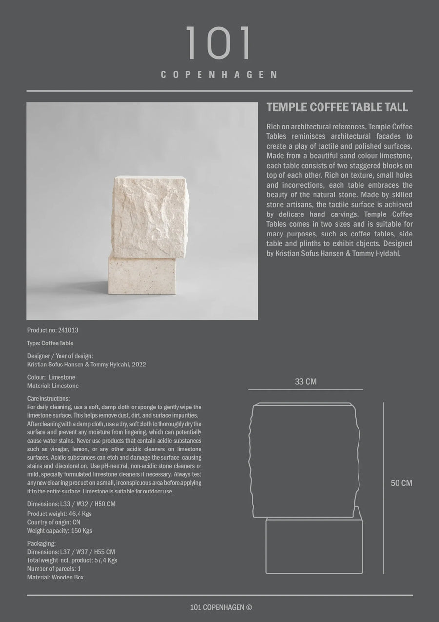 Product description card for Temple Coffee Table Tall by 101 Copenhagen, featuring an image of the table and dimensions.