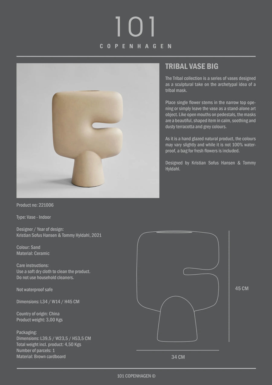 Product information card for a 'Tribal Vase Big' from COPENHAGEN with a vase image and specifications.