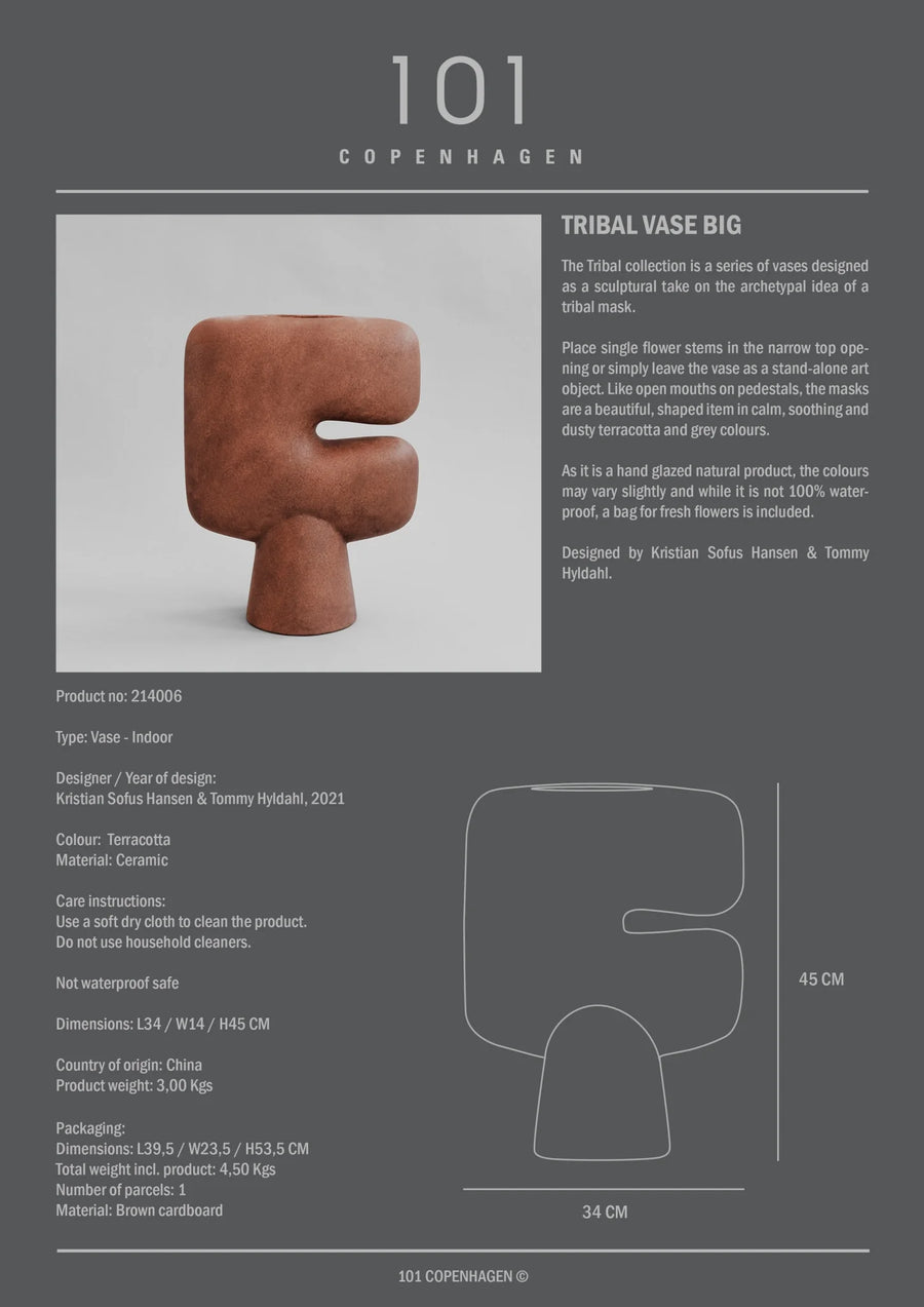 Ceramic vase with product details on a gray background