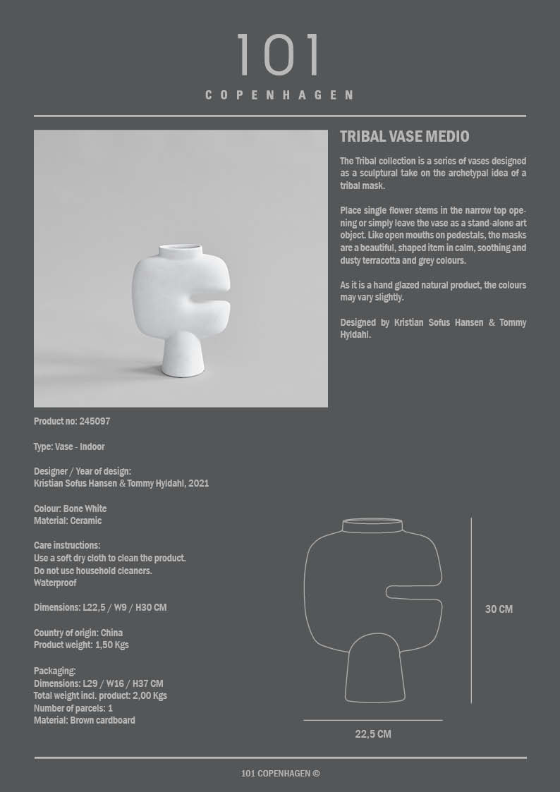 Product information card for a vase with design details and specifications.