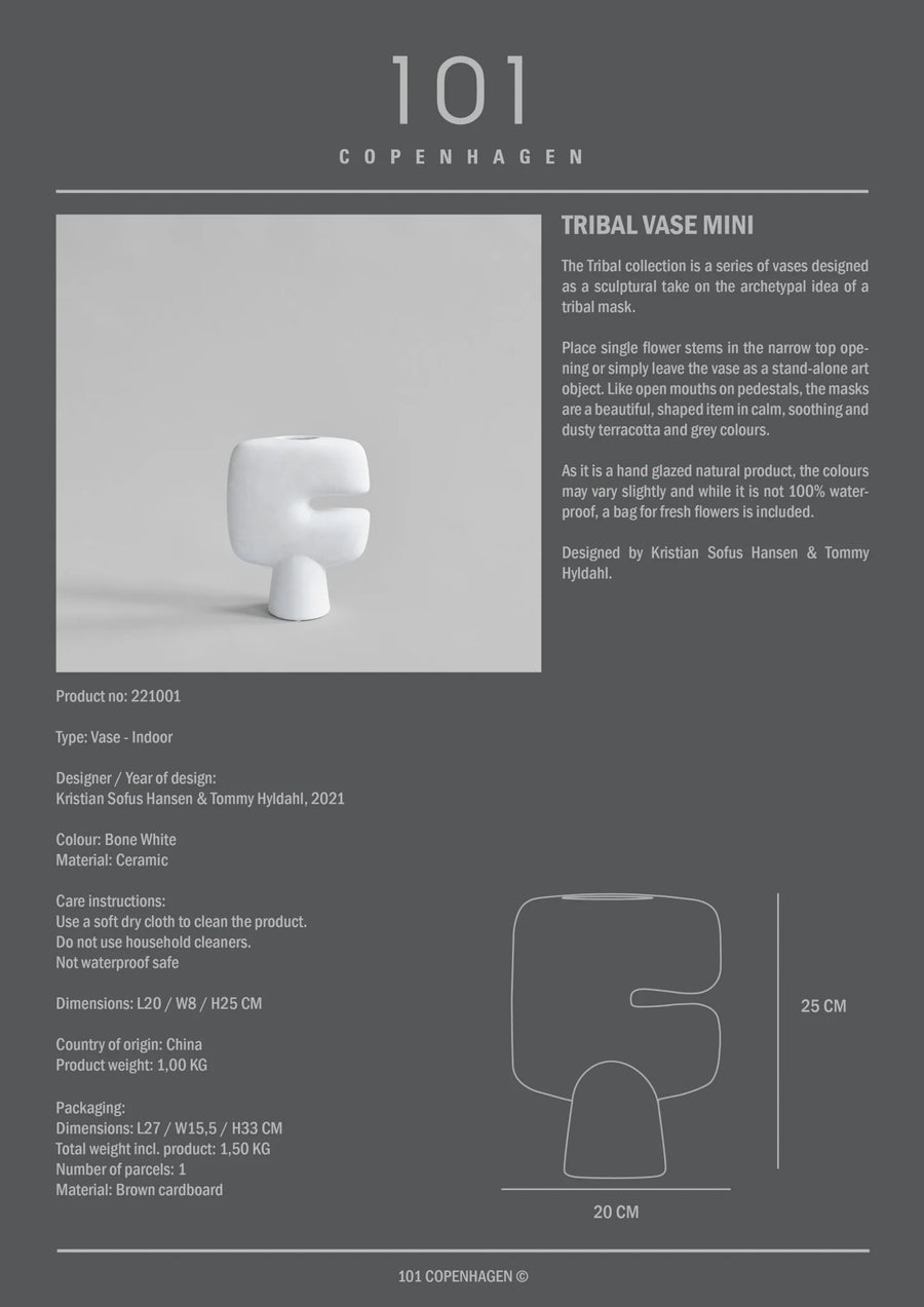 Product information card for a 'Tribal Vase Mini' by 101 Copenhagen, featuring dimensions and design details.