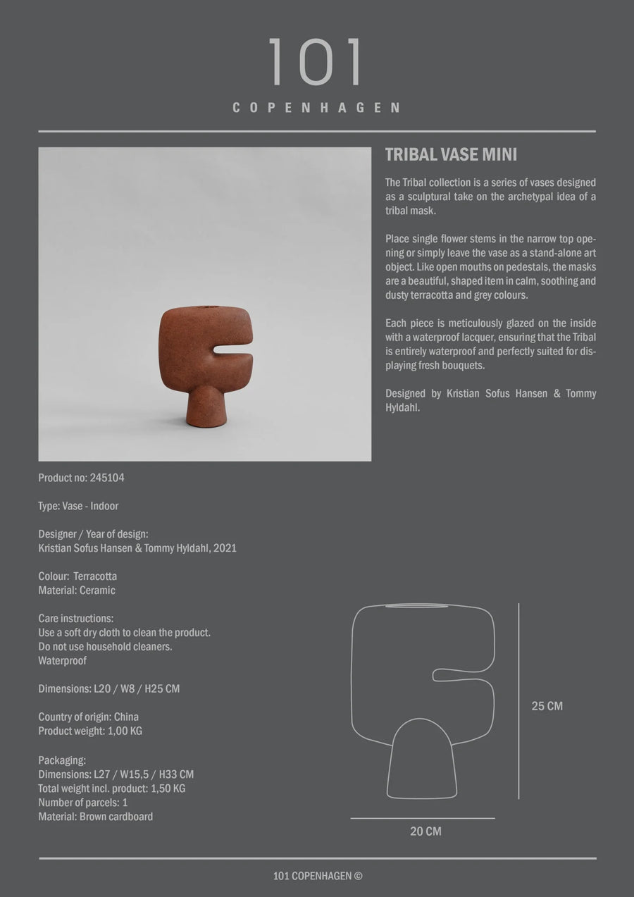Tribal vase mini with product details on a gray background