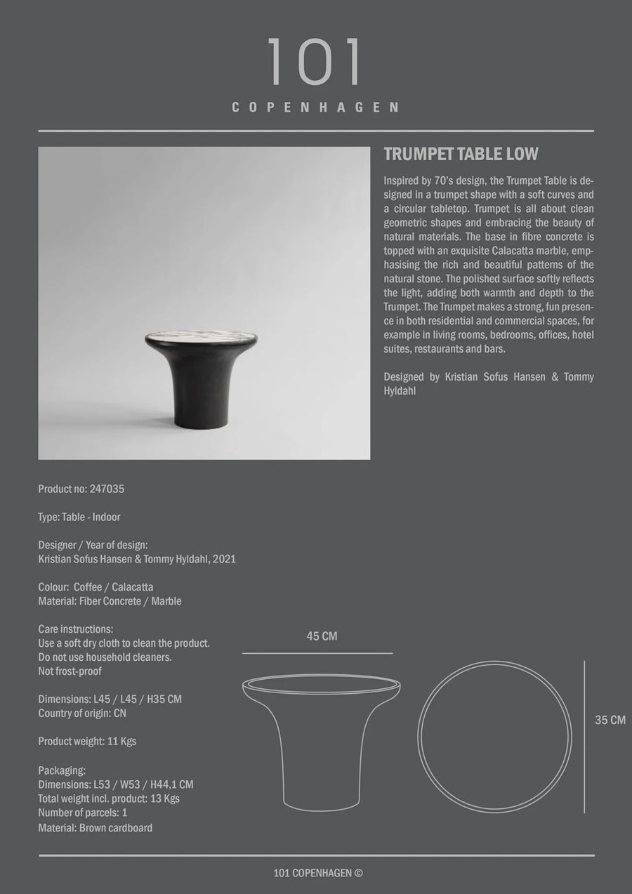 Product information card for Trumpet Table Low by 101 Copenhagen with text and dimensions.