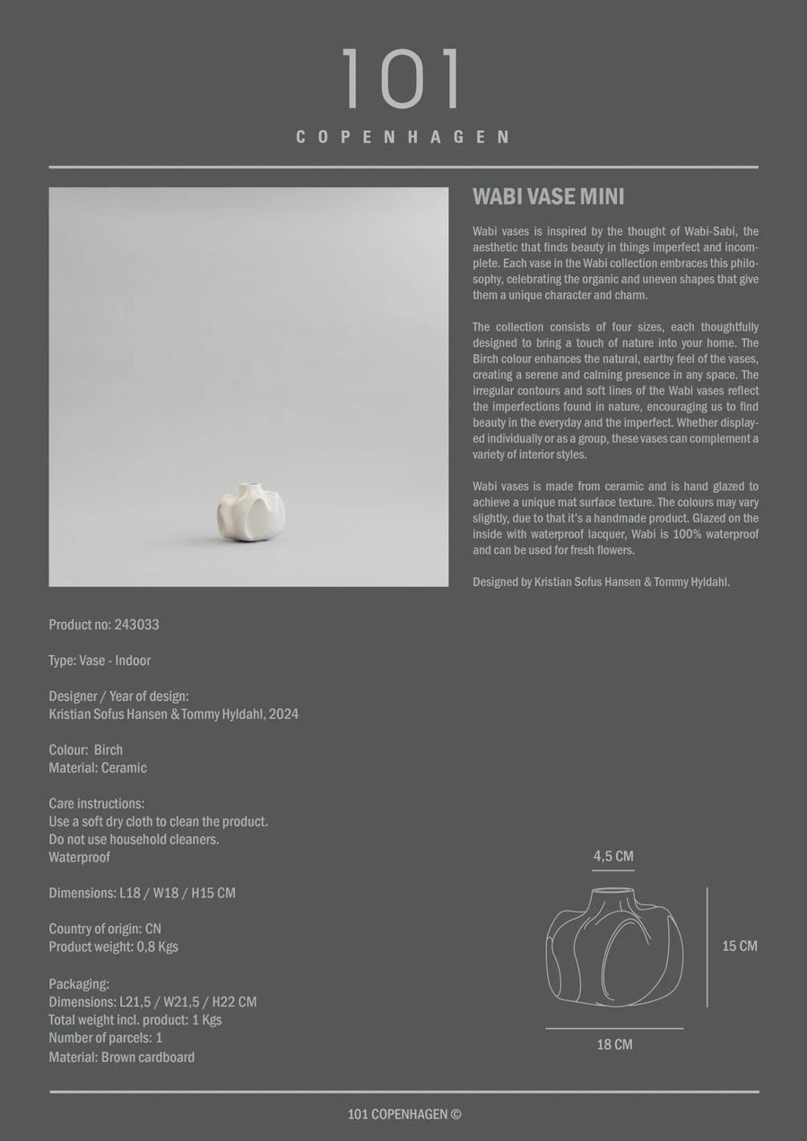 Product information card for Wabi Vase Mini by 101 Copenhagen with product image and details.