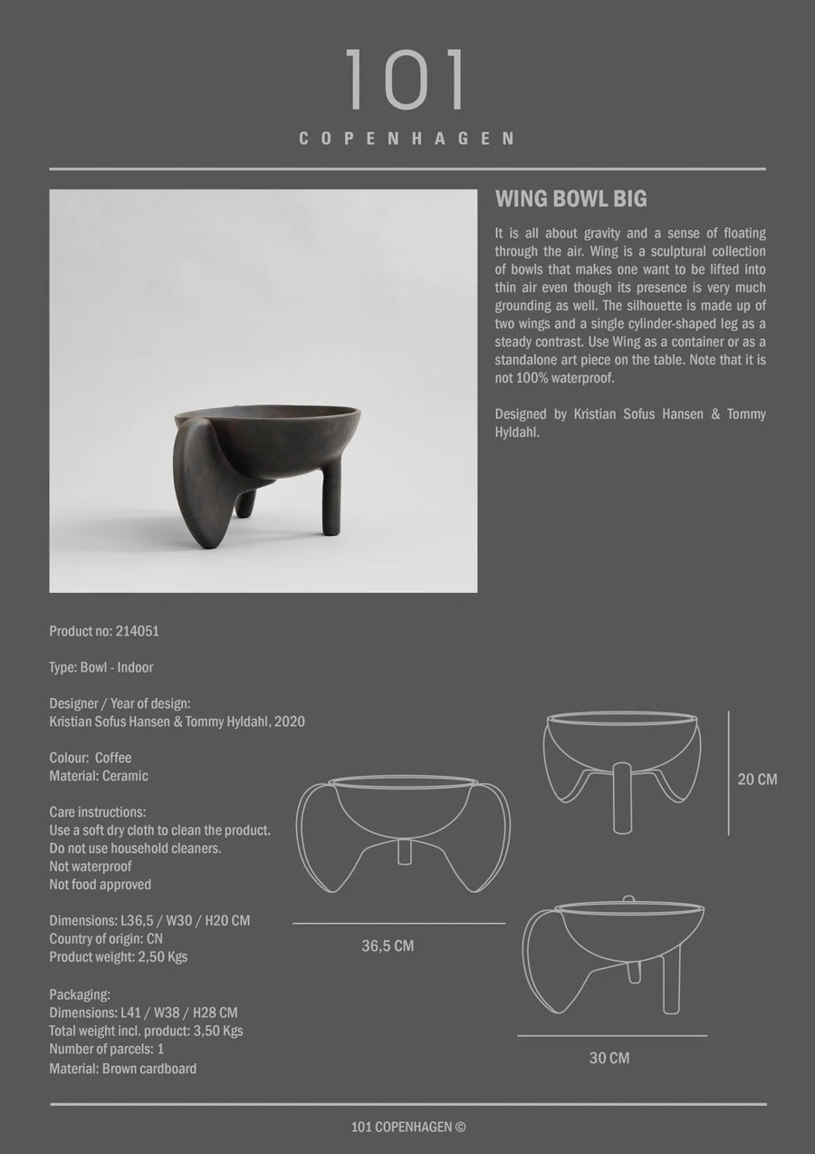 Product description of a ceramic bowl with dimensions and design details on a gray background