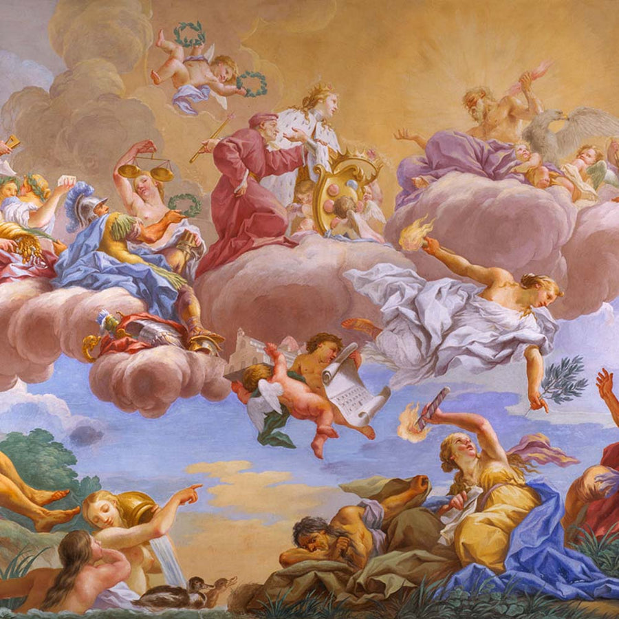 A handcrafted fresco mural featuring biblical scenes with angels and heavenly figures, created using Italian techniques with Carrara marble and Roman travertine powders.