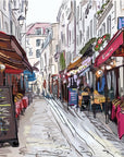 Fresco artwork of a Parisian street scene with café-lined alleyways, hand-painted in Italy on plaster sheets using Carrara marble and travertine powder.