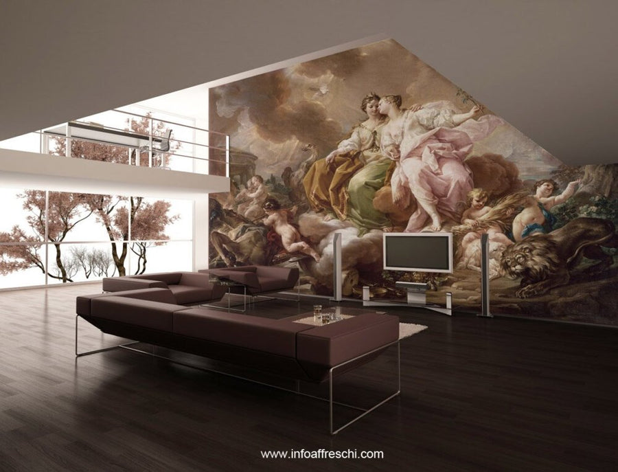 Classic fresco artwork depicting a mythological scene, handcrafted in Italy on plaster sheets with Carrara marble and Roman travertine powder for luxury interiors. Featured in a double height luxury living room next to a  large window. 