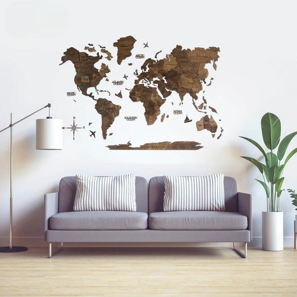 Dark Walnut Multilayered World Map