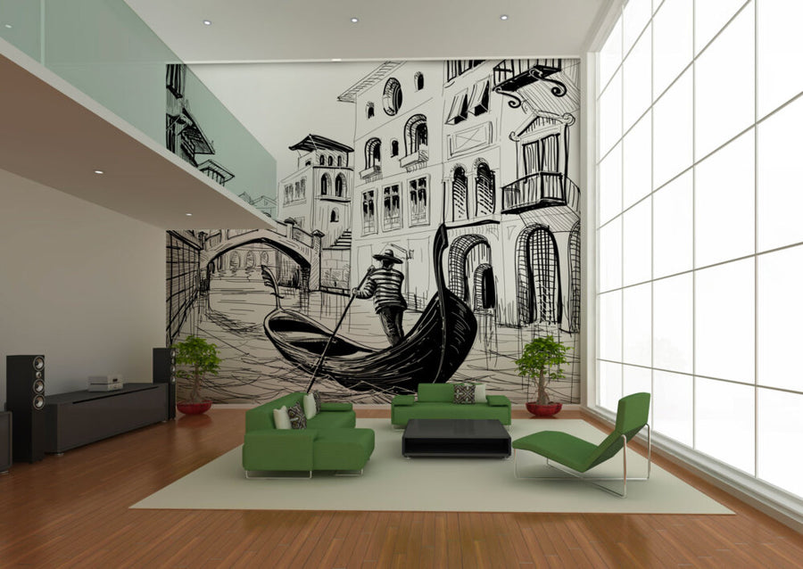 Black-and-white fresco of a gondolier in Venice, handcrafted in Italy on plaster with Carrara marble and Roman travertine powder, from Spacio's Luxury Art Surface collection, in front of a green sofa in a double height living room