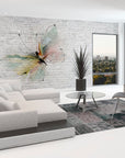 A fresco mural of a watercolour butterfly in pastel hues on a textured brick wall, crafted by hand in Italy with Carrara marble and travertine plaster. Featured on a wall in a modern design living room