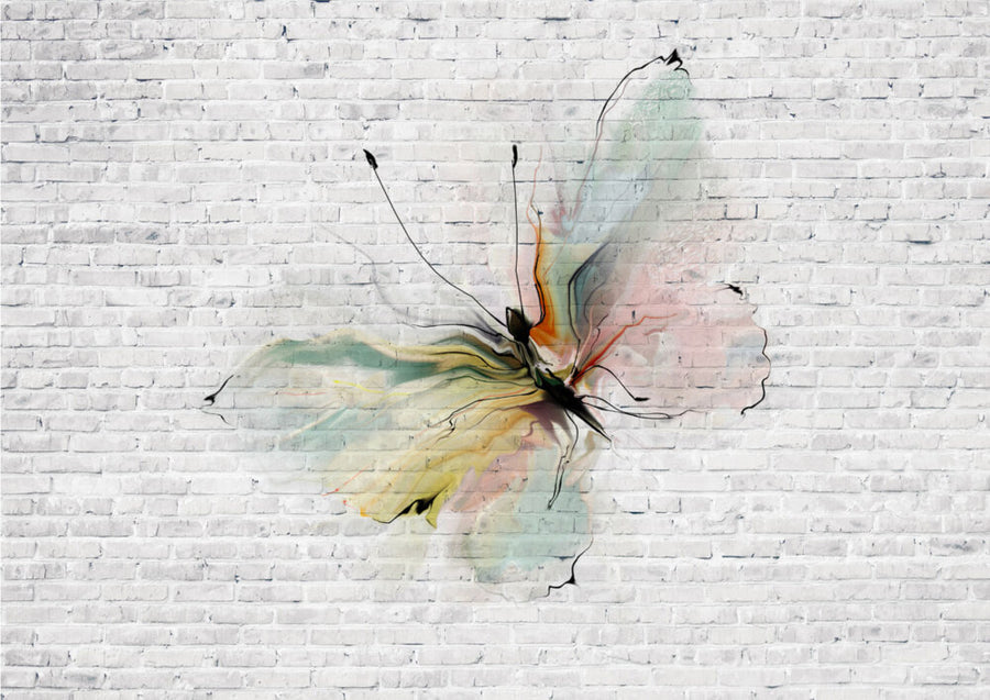 A fresco mural of a watercolour butterfly in pastel hues on a textured brick wall, crafted by hand in Italy with Carrara marble and travertine plaster.