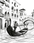 Black-and-white fresco of a gondolier in Venice, handcrafted in Italy on plaster with Carrara marble and Roman travertine powder, from Spacio's Luxury Art Surface collection.