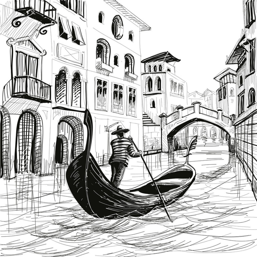 Black-and-white fresco of a gondolier in Venice, handcrafted in Italy on plaster with Carrara marble and Roman travertine powder, from Spacio's Luxury Art Surface collection.