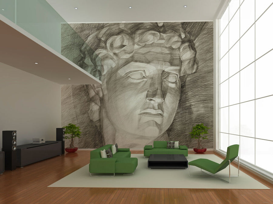 Charcoal fresco mural of Michelangelo’s David, crafted on Italian plaster with Carrara marble and travertine powder, showcasing timeless classical beauty. Featured in a double height luxury living room in front of a green sofa