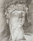 Charcoal fresco mural of Michelangelo’s David, crafted on Italian plaster with Carrara marble and travertine powder, showcasing timeless classical beauty.