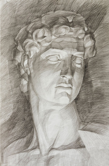 Charcoal fresco mural of Michelangelo’s David, crafted on Italian plaster with Carrara marble and travertine powder, showcasing timeless classical beauty.