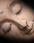 Close-up fresco mural of a Sleeping Buddha's face, crafted with Italian plaster using Carrara marble and travertine powder, showcasing intricate, serene details.